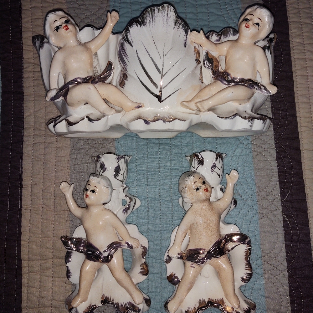 Vintage Cherub 3 Piece Planter and Candle Holder